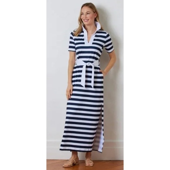 Dudley Stephens Dresses & Skirts - Dudley Stephens Madaket Maxi in Navy Cabana Stripe Sz S Belted Polo Collar Luxe
